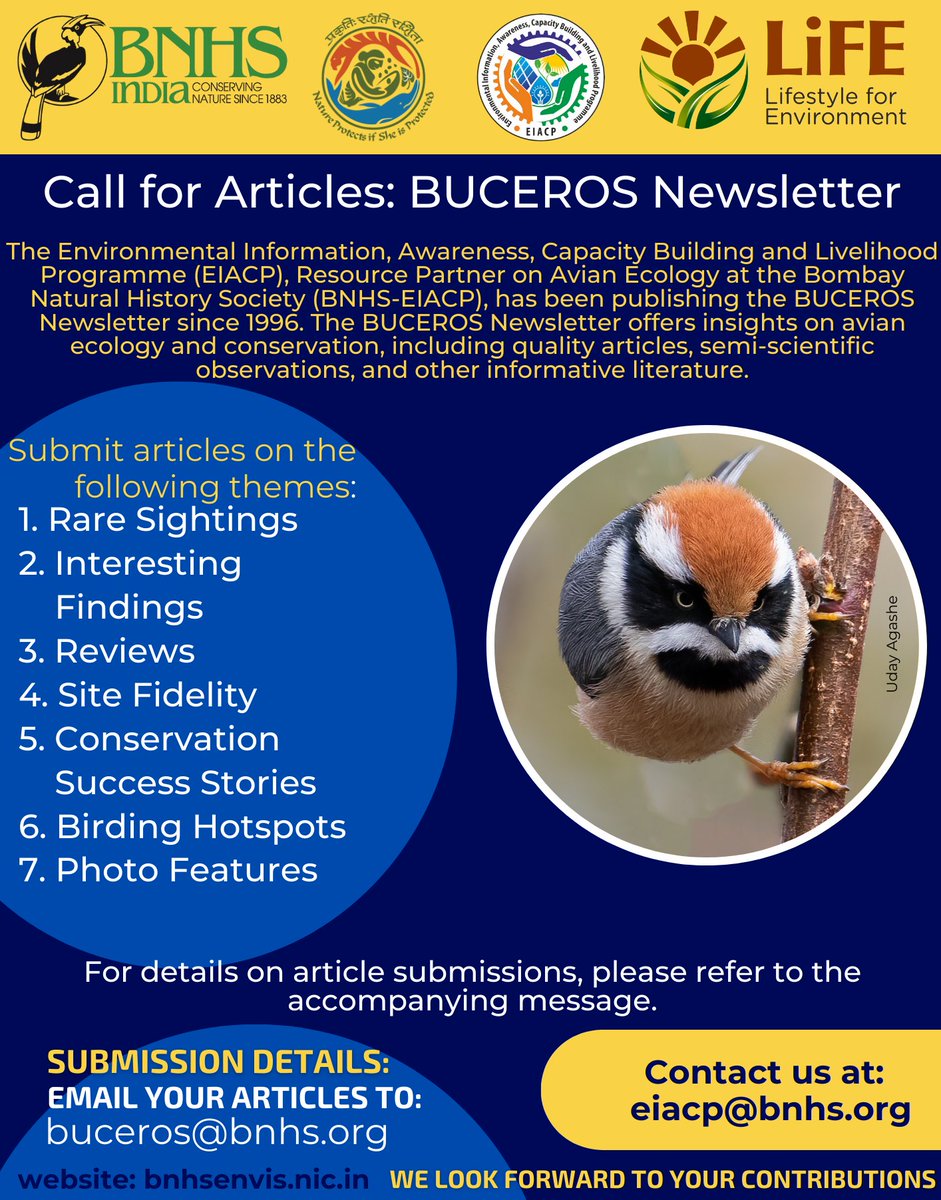BnhsEnvis's tweet photo. We cordially invite contributors to submit articles for the Buceros newsletter on Avian Ecology. Please email your submissions to buceros@bnhs.org.

Link for themes for the articles.
https://t.co/LP06yWwKye

Link for article submission guidelines
https://t.co/caJ3rVN4zO

Regards https://t.co/flPFpUsO6m