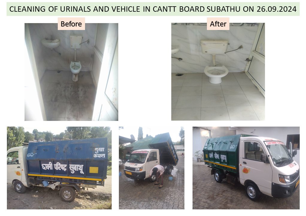 BoardSubathu's tweet photo. Appreciating the hard work of our sanitation staff at Cantonment Board Subathu for ensuring clean urinals and well-maintained vehicles.
#SwachhataHiSeva2024 #SwachhBharatMission #Subathu #SwachhBharat
@SpokespersonMoD
@prodefencechan1
@MoHUA_India https://t.co/6V5dV5mFih
