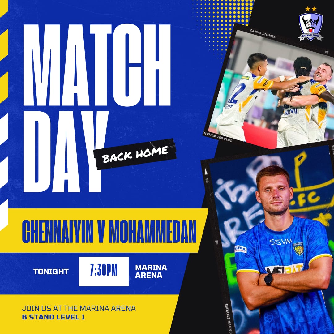 𝔹𝔸ℂ𝕂 ℍ𝕆𝕄𝔼 𝔽𝕀ℝ𝕊𝕋 𝕋𝕀𝕄𝔼 𝕋ℍ𝕀𝕊 𝕊𝔼𝔸𝕊𝕆ℕ!

𝐂𝐇𝐄𝐍𝐍𝐀𝐈𝐘𝐈𝐍 𝐅𝐂 𝐕𝐒 𝐌𝐎𝐇𝐀𝐌𝐌𝐄𝐃𝐀𝐍 𝐒𝐂

Owen's boys in blue return to action at the Marina Arena for the first time this season.Let us begin with a win!

#AllInForChennaiyin #AattamReloading #HeroISL