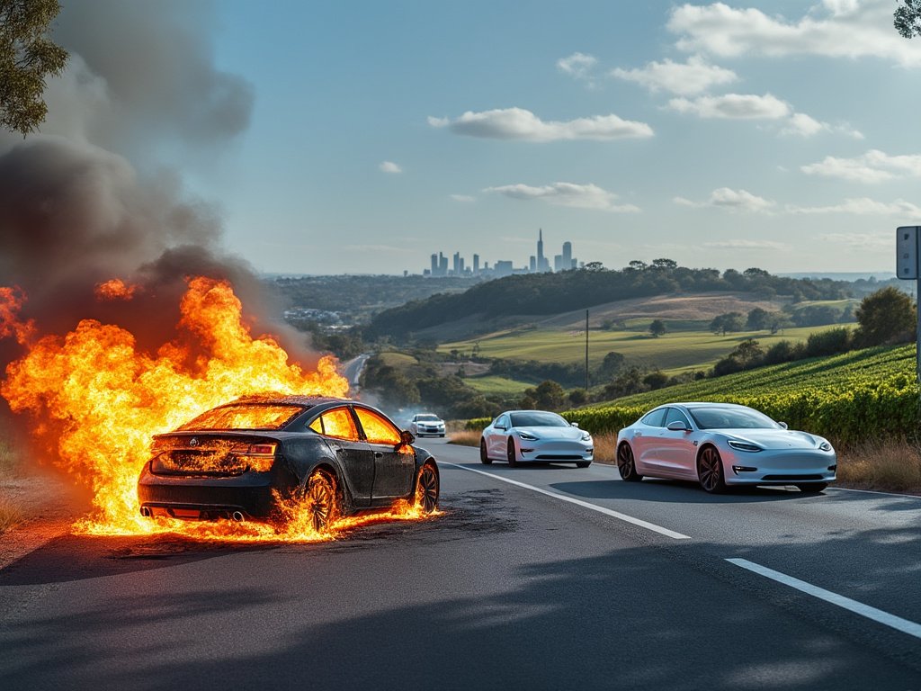 EVCurveFuturist's tweet photo. Based on a contact in South Australia investigating vehicle fires: Out of about 30 this month, guess how many were EVs? Big fat zero.🚗🔥FYI, Australia’s only had 4 verified EV battery fires in 13 years—none due to battery faults. Fear is overblown, like some EGOs. #EV #RIPICE