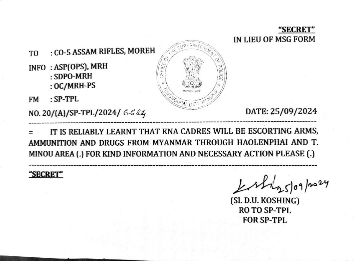 MuanZou7's tweet photo. New trends followed in #Manipur; previous @MeiteiSakthu7 was not by @NBirenSingh and #Security advisor K singh but not substantiated on ground: here secret msg intentionally circulated openly to #SUBSTANTIATE the lies. This no longer secret but NEWS now, fake news! https://t.co/pTsDWXd6wu