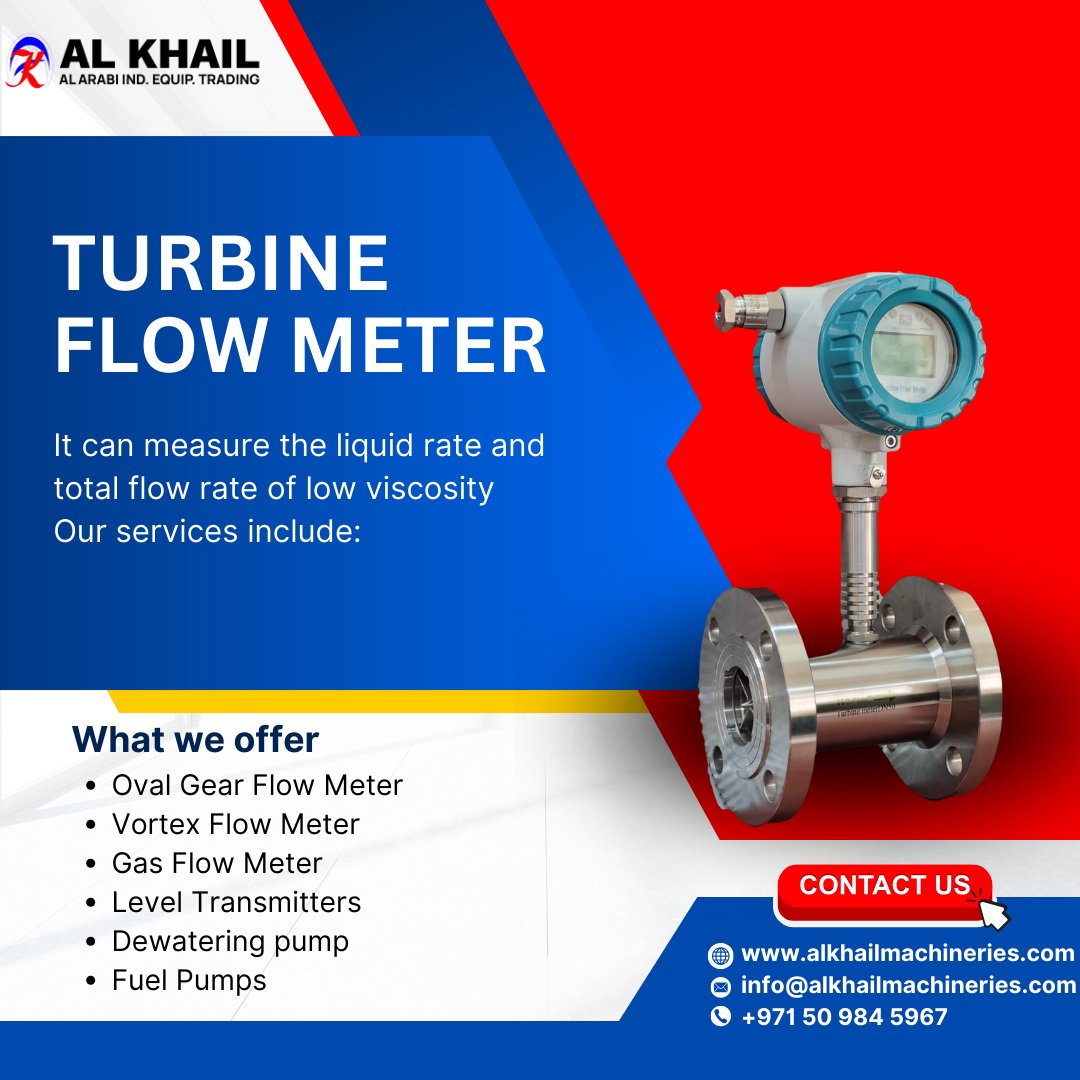 ArabiKhail's tweet image. Looking for accurate and efficient flow measurement? Our Turbine Flow Meters are designed to deliver precise results for a wide range of liquids and gases. 🌊⚙️ #TurbineFlowMeter #PrecisionMeasurement #FlowSolutions #IndustrialEfficiency&quot; 
Learn more: alkhailmachineries.com