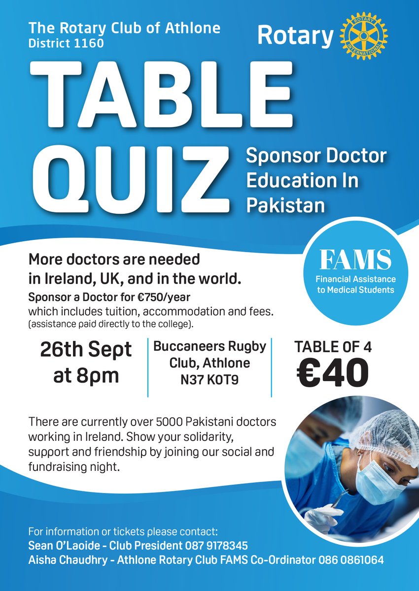 Rotary Club Athlone (@athlonerotary) on Twitter photo TONIGHT
BOOK NOW!
Table Quiz - Sept 26th 8PM – Buccaneers rugby Club, Athlone
Please contact :
Sean O'Laoide Club President 087 9178345
Aicha Chaudhry Athlone Rotary Club - FAMS Co-ordinator 086 0861064
<a href="/Rotary/">Rotary International</a>
<a href="/athlonechamber/">Athlone Chamber</a> TONIGHT
BOOK NOW!
Table Quiz - Sept 26th 8PM – Buccaneers rugby Club, Athlone
Please contact :
Sean O'Laoide Club President 087 9178345
Aicha Chaudhry Athlone Rotary Club - FAMS Co-ordinator 086 0861064
<a href="/Rotary/">Rotary International</a>
<a href="/athlonechamber/">Athlone Chamber</a>