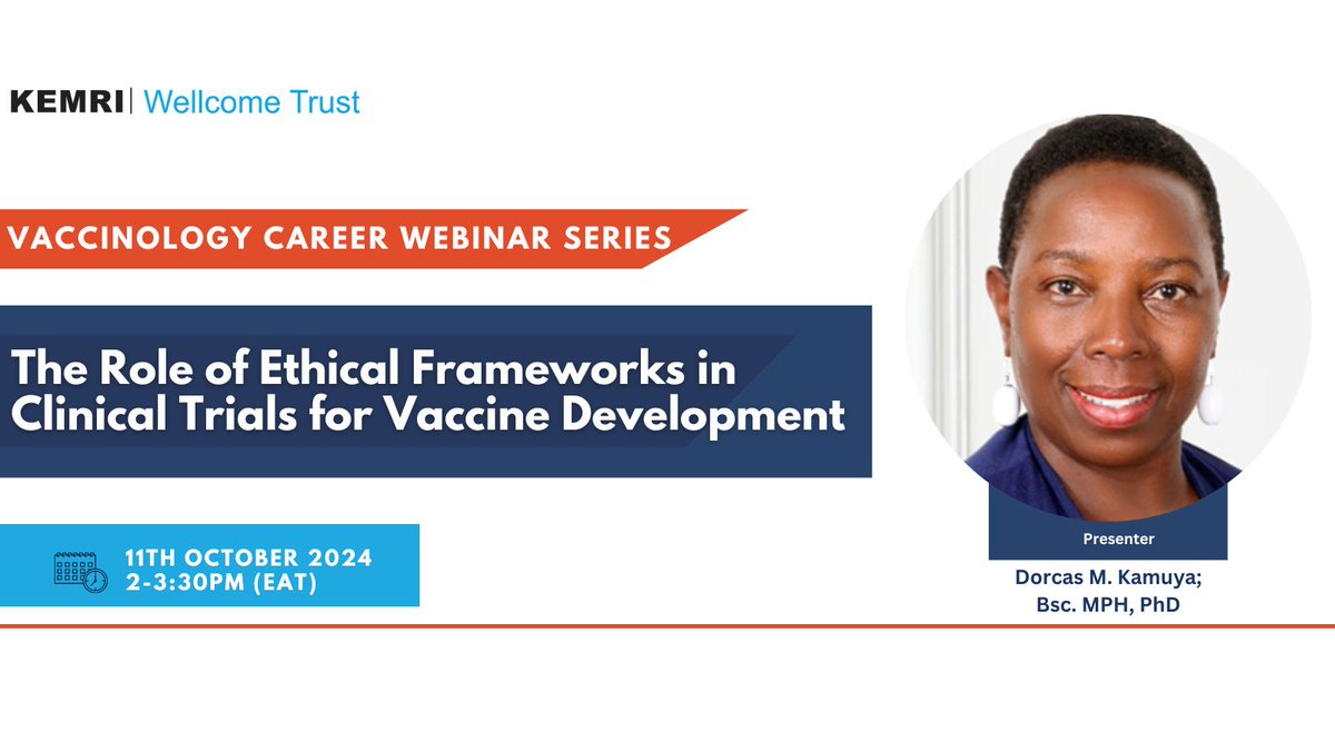 KEMRI-Wellcome Trust (@kemri_wellcome) on Twitter photo 🚨Webinar alert🚨
Dr. <a href="/DKamuya/">Dorcas Kamuya</a> Head of the Health Systems and Research Ethics Department at KWTRP will be discussing The Role of Ethical Frameworks in Clinical Trials for Vaccine Development.
🗓️ October 11th, 2024
🕑 2 - 3:30 PM EAT
Register below!
shorturl.at/YlUqI 🚨Webinar alert🚨
Dr. <a href="/DKamuya/">Dorcas Kamuya</a> Head of the Health Systems and Research Ethics Department at KWTRP will be discussing The Role of Ethical Frameworks in Clinical Trials for Vaccine Development.
🗓️ October 11th, 2024
🕑 2 - 3:30 PM EAT
Register below!
shorturl.at/YlUqI