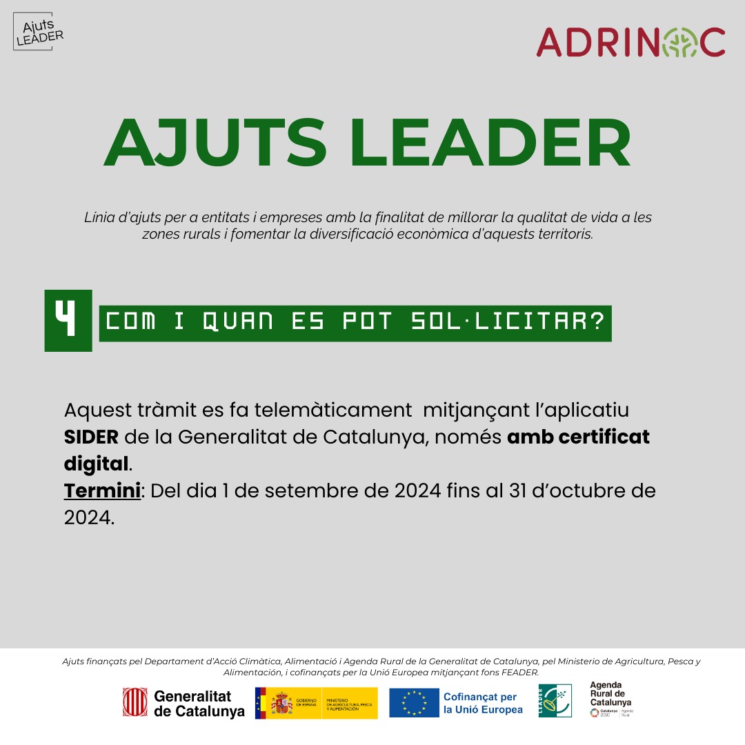 ADRINOC (@adri_noc) on Twitter photo 📢Oberta la convocatòria dels ajuts #LEADER2024
📋Podeu presentar sol·licituds fins el proper 31 d'octubre
✅Dirigida a les empreses, entitats públiques i persones emprenedores.
Per a més info i assessorament 👇
💻info@adrinoc.cat
☎️670 003 963
<a href="/CCAltEmporda/">Consell Comarcal de l'Alt Empordà</a> <a href="/CCGarrotxa/">Consell Comarcal de la Garrotxa</a> 📢Oberta la convocatòria dels ajuts #LEADER2024
📋Podeu presentar sol·licituds fins el proper 31 d'octubre
✅Dirigida a les empreses, entitats públiques i persones emprenedores.
Per a més info i assessorament 👇
💻info@adrinoc.cat
☎️670 003 963
<a href="/CCAltEmporda/">Consell Comarcal de l'Alt Empordà</a> <a href="/CCGarrotxa/">Consell Comarcal de la Garrotxa</a>