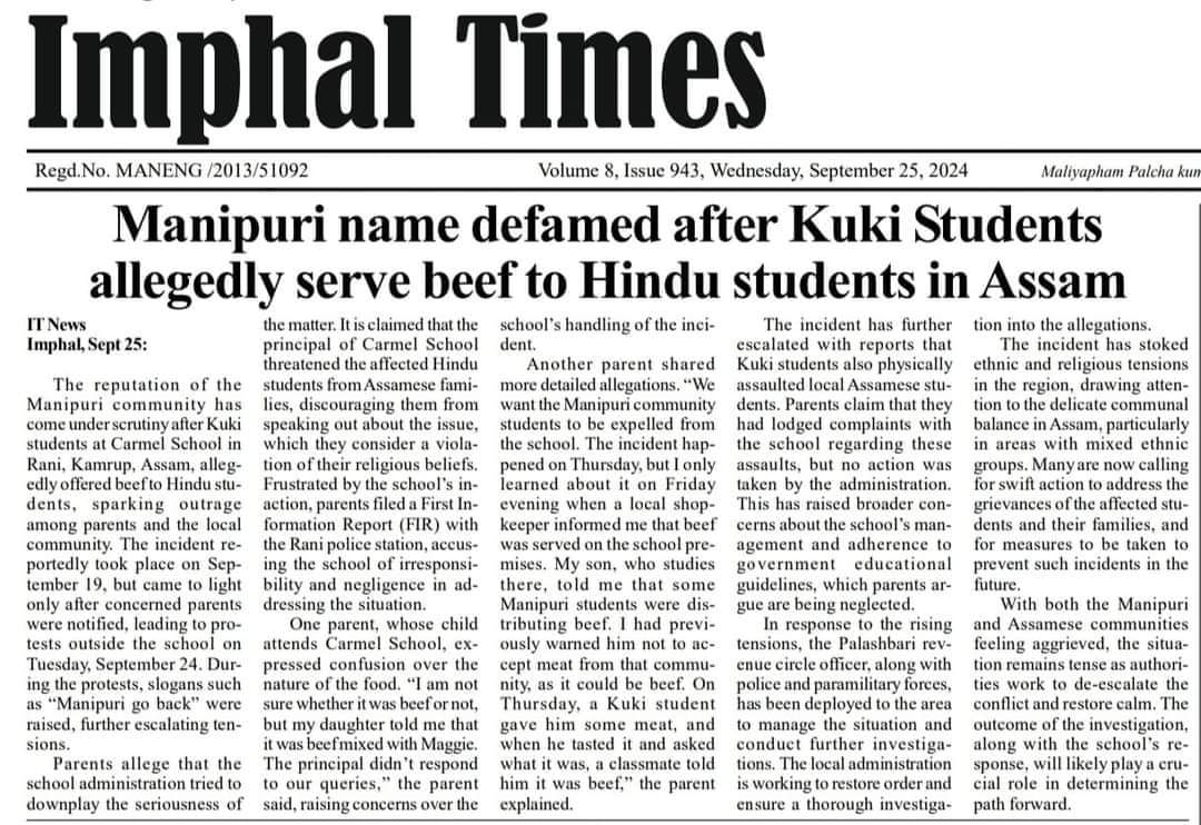 Manipuri name defamed after Kuki Students allegedly serve beef to Hindu Students in Assam