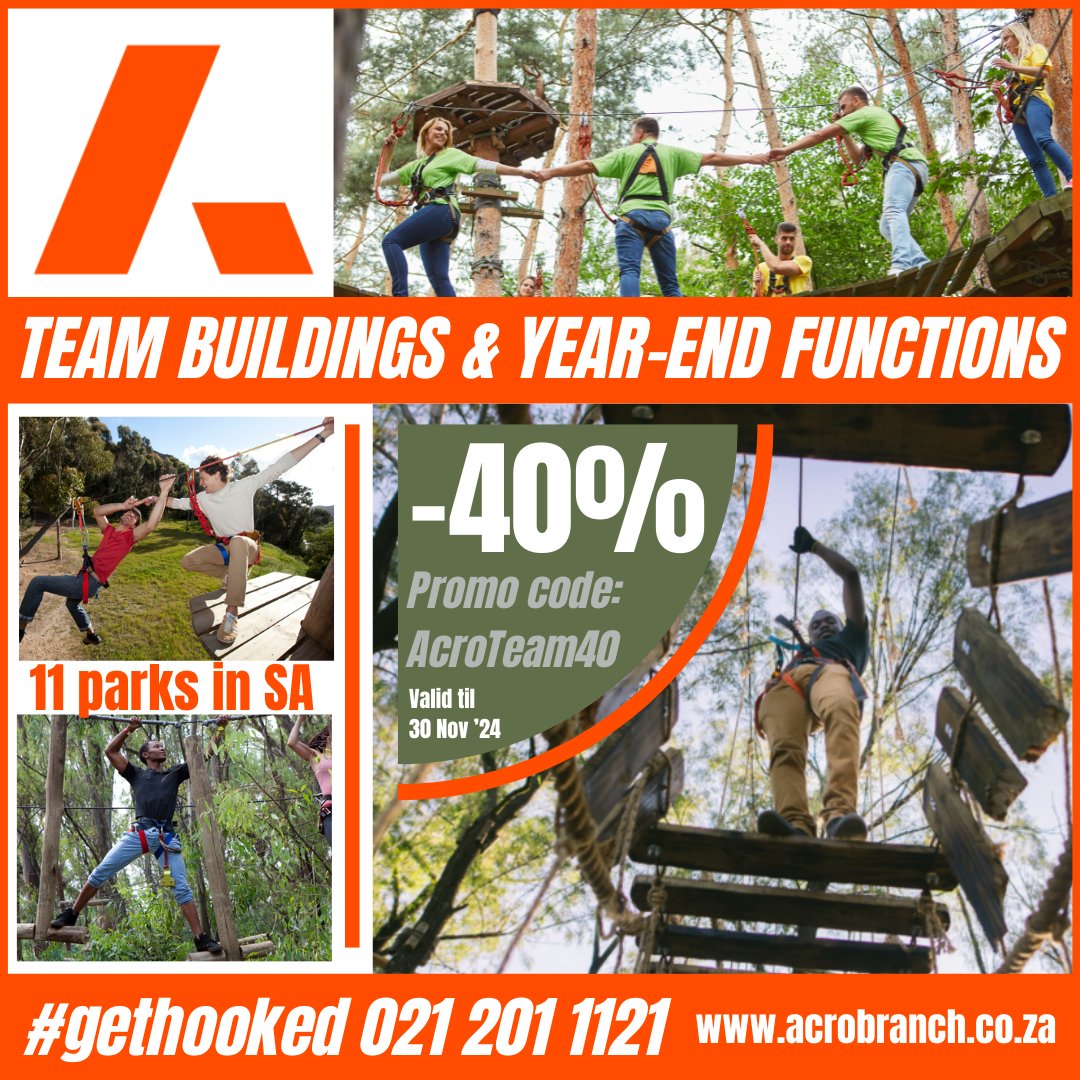 "Tree-t" your team to an epic adventure! 💪 Get 40% OFF on all Team Buildings &amp; Year-End Functions at Acrobranch! Valid til 30 Nov 2024 🗓

📍 11 Parks Nationwide: Gauteng | WC | KZN
Promo Code: AcroTeam40 

📞 021 201 1121 | 🌐 acrobranch.co.za
#GETHOOKED #TeamBuilding