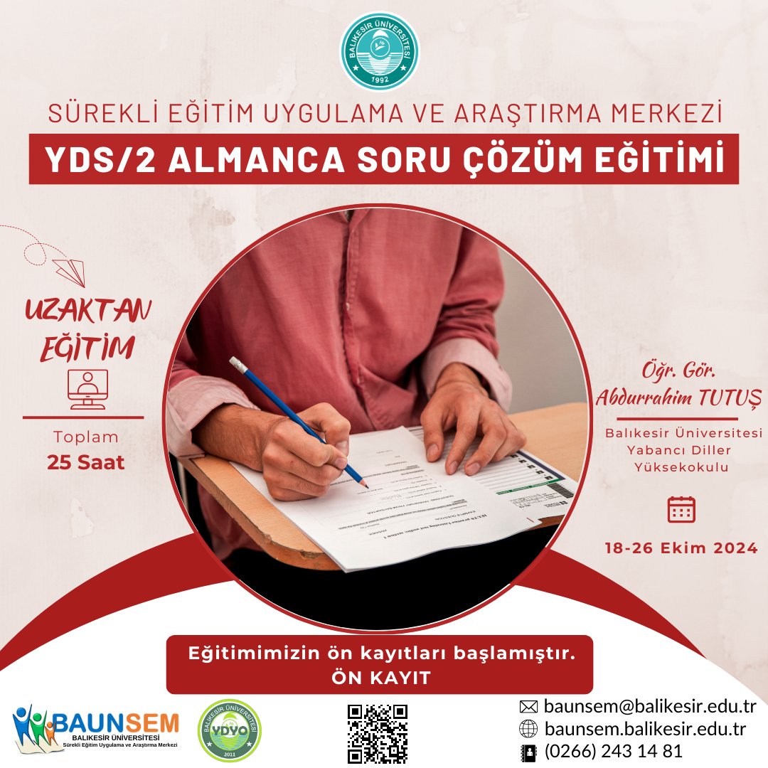 BAUNSEM's tweet photo. 📌YDS/2 Almanca Soru Çözüm Eğitimimizin ön kayıtları başlamıştır.
Detaylı bilgi ve ön kayıt için
👉https://t.co/TydReBrF7c ziyaret edebilir,
📧baunsem@balikesir.edu.tr
mail atabilir ya da
⌨whatsapp üzerinden 0266 243 14 81’den bize yazabilirsiniz.
@balikesiruni https://t.co/WczfiKJ3y4