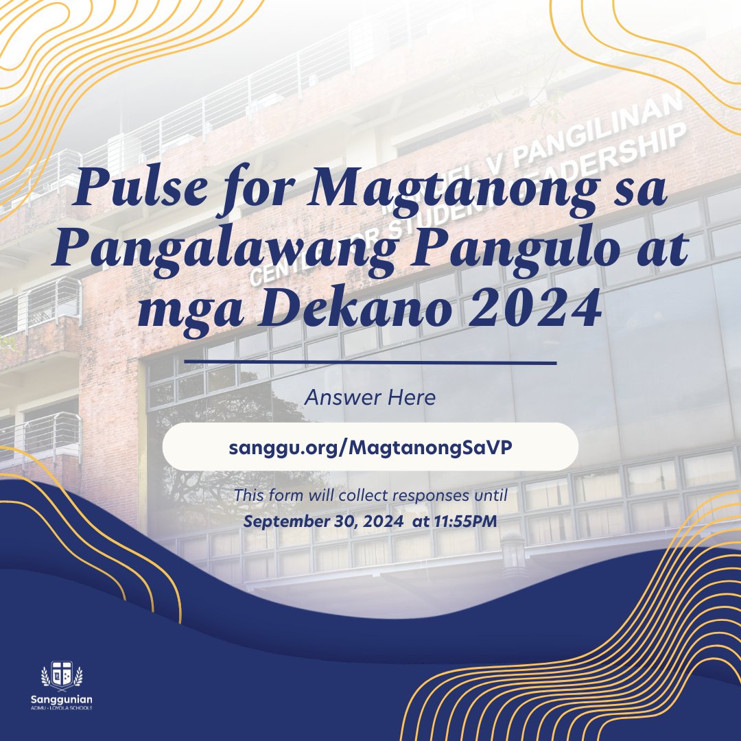 admusanggu's tweet photo. Kumusta, Atenista? 📣

In preparation for the upcoming Magtanong sa Pangalawang Pangulo at mga Dekano on Friday, 4 October 2024, the OVPHE aims to get a sense of what the students need and want in general... https://t.co/tr57FMOpFQ