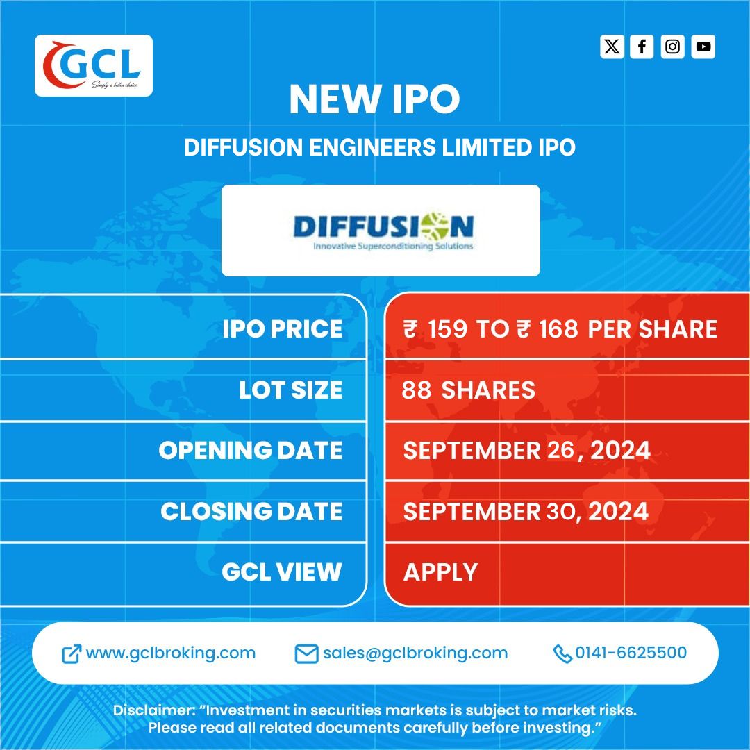 GCL_Broking's tweet image. 🚀Get ready to explore a fantastic investment opportunity with the Diffusion Engineers Limited IPO, now open for subscription!🔔GCL recommends investors to &quot;Apply&quot; for this exciting IPO.🚧

#IPOAlert #IPOListing #DiffusionEngineersIPO #StockMarketUpdate #StocksToWatch #markets