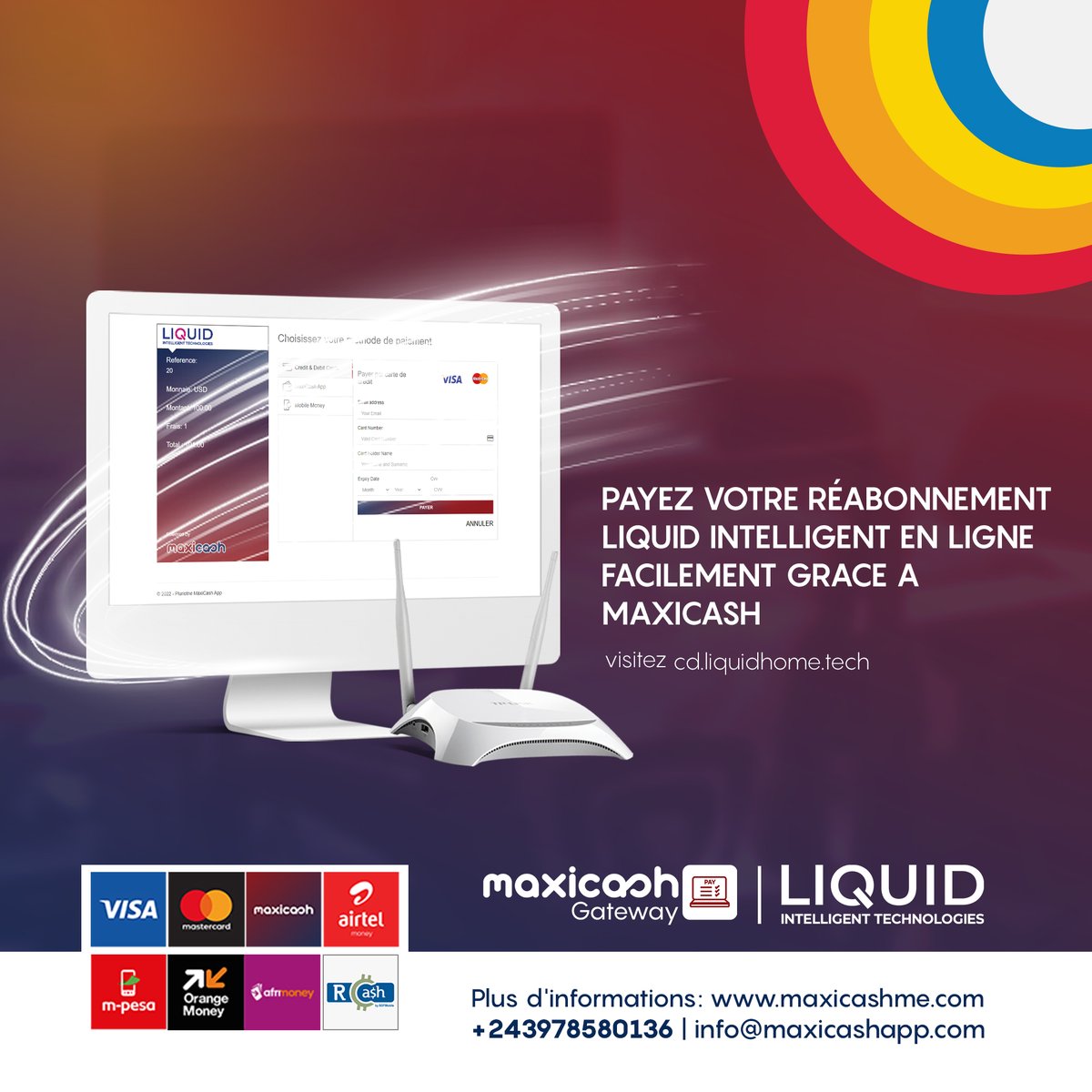 Maxicashapp's tweet image. Grâce à MaxiCash, je paie facilement mon réabonnement Liquid Intelligent en ligne sans me déplacer avec mon mobile money ou ma carte bancaire.
visitez cd.liquidhome.tech
Pour plus d’info: +243 898 697 880
⁠
#MaxiCashgateway #liquidintelligenttechnologies #fibre #4G