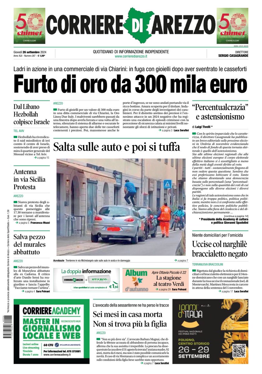 La prima pagina del Corriere di Arezzo di oggi, giovedì 26 settembre
#toscana #tuscany #arezzo