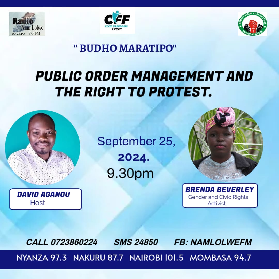 Listened in to discussions on Public Order Management and Right to Free Protest at <a href="/RadioNamLolwe/">RadioNamLolwe 97.3FM</a>. This was brought to you by Civic Freedoms Forum in collaboration with Kenya Community Development Foundation
