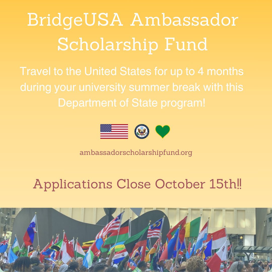 The Bridge USA Ambassador Scholarship Fund is now open for applications! 

This is your chance to experience the United States, work in seasonal, entry-level roles, and expand your global network!

Apply 👉🏼ambassadorscholarshipfund.org #GlobalOpportunities #TechWomenTZ #SheTechTZ
