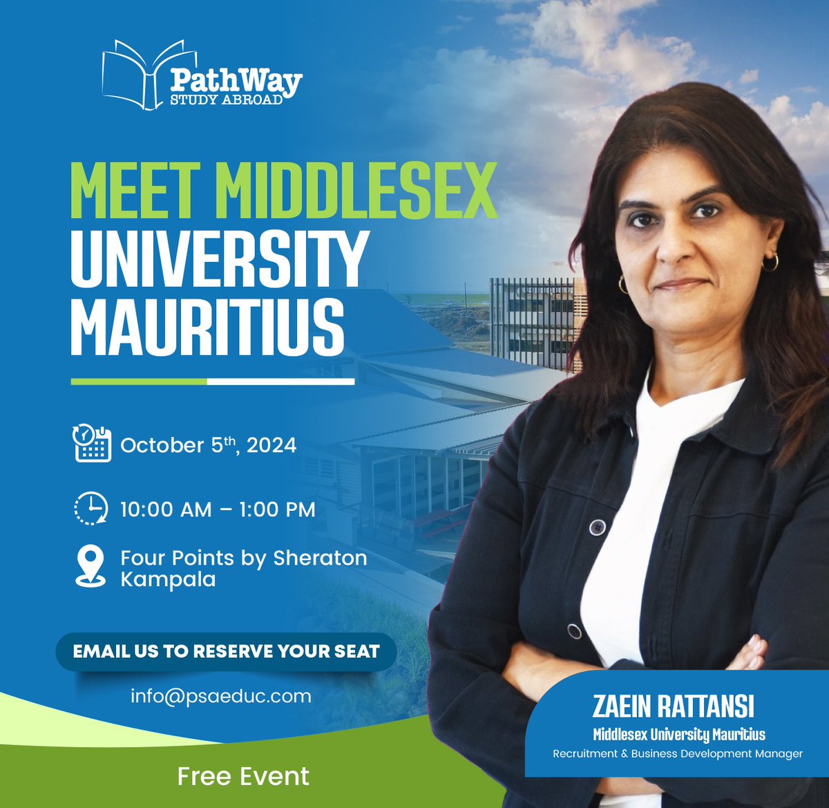 Are you thinking about studying in Mauritius in 2025? Meet Zaein Rattansi from Middlesex University Mauritius during her visit to Kampala. All you need to know will be covered during our workshop at Four Points by Sheraton Kampala Hotel, Oct 5th, 2024. Reserve your seat today!
