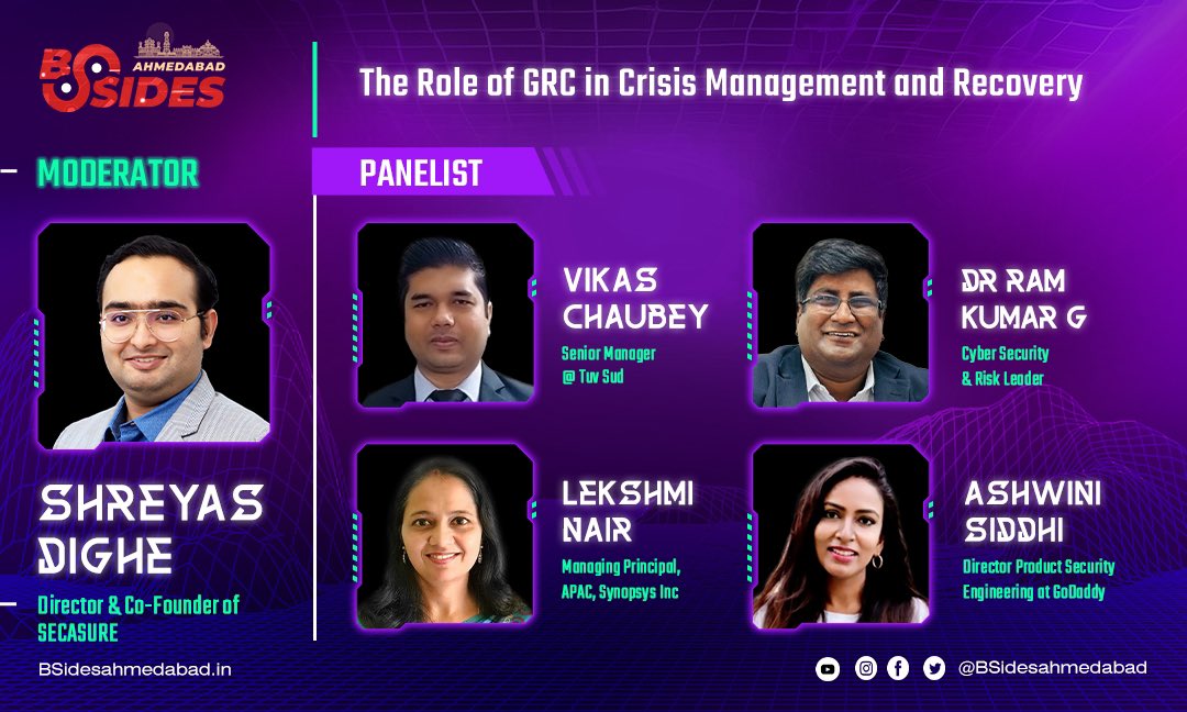 🌟 Dive into Crisis Management at BSides Ahmedabad 2024! 🌟

👾 Topic: 👾
The Role of GRC in Crisis Management and Recovery

🎙 Moderator: 🎙
Shreyas Dighe

🗣 Panel: 🗣
Featuring Vikas Chaubey, DR Ram Kumar G, Lekshmi Nair, and Ashwini Siddhi

🔍 Explore how Governance, Risk,
