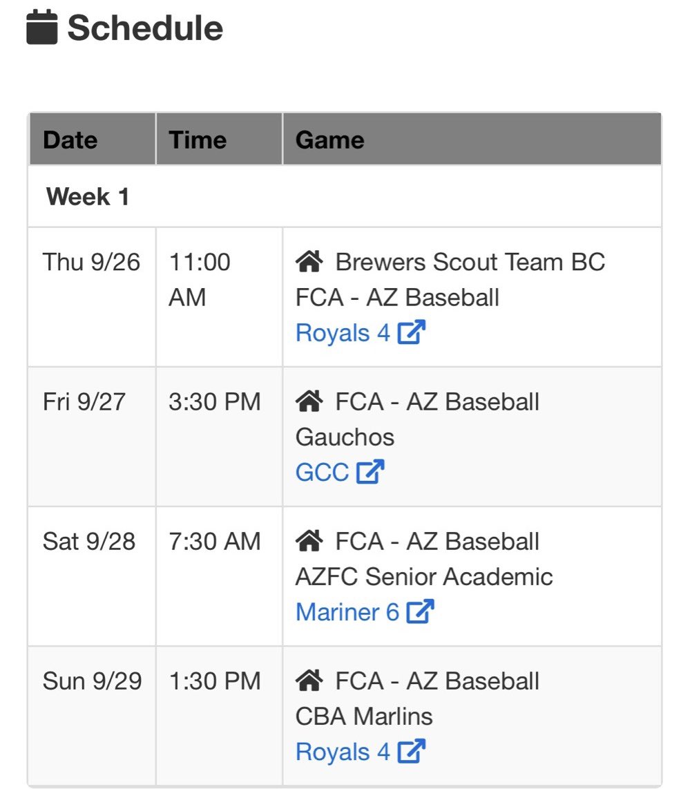Here is my schedule for the AZ Senior Fall Classic. I’ll be playing with FCA - AZ Baseball and will be pitching Friday, innings 1-3.

Any interest will be appreciated.

#Uncommitted