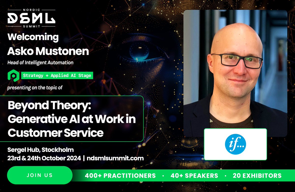We’re thrilled to welcome Asko Mustonen, Head of Intelligent Automation at If P&amp;C Insurance, to the leading data science, ML, and AI event in the Nordics - NDSML Summit 2024. Book your tickets at hubs.li/Q02QTVw70
#NDSMLSummit