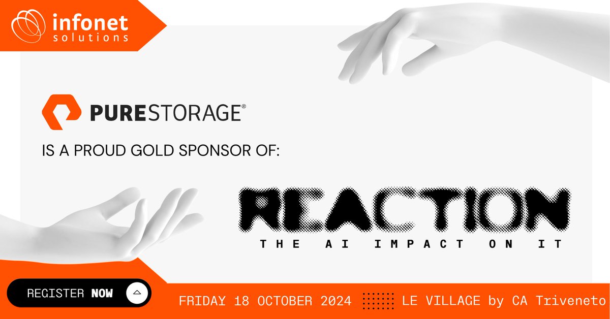 Infonet Solutions (@infonetpd) on Twitter photo Siamo entusiasti di annunciare che <a href="/PureStorage/">Pure Storage</a> si è unito a noi come #gold #sponsor di ➡️REACTION - The AI Impact on IT!⬅️
Partecipa al nostro #evento!
Quando: 18 Ottobre 2024 Dove: Le Village by CA Triveneto
👉Prenota subito il tuo posto: eu1.hubs.ly/H0cy3-C0 Siamo entusiasti di annunciare che <a href="/PureStorage/">Pure Storage</a> si è unito a noi come #gold #sponsor di ➡️REACTION - The AI Impact on IT!⬅️
Partecipa al nostro #evento!
Quando: 18 Ottobre 2024 Dove: Le Village by CA Triveneto
👉Prenota subito il tuo posto: eu1.hubs.ly/H0cy3-C0