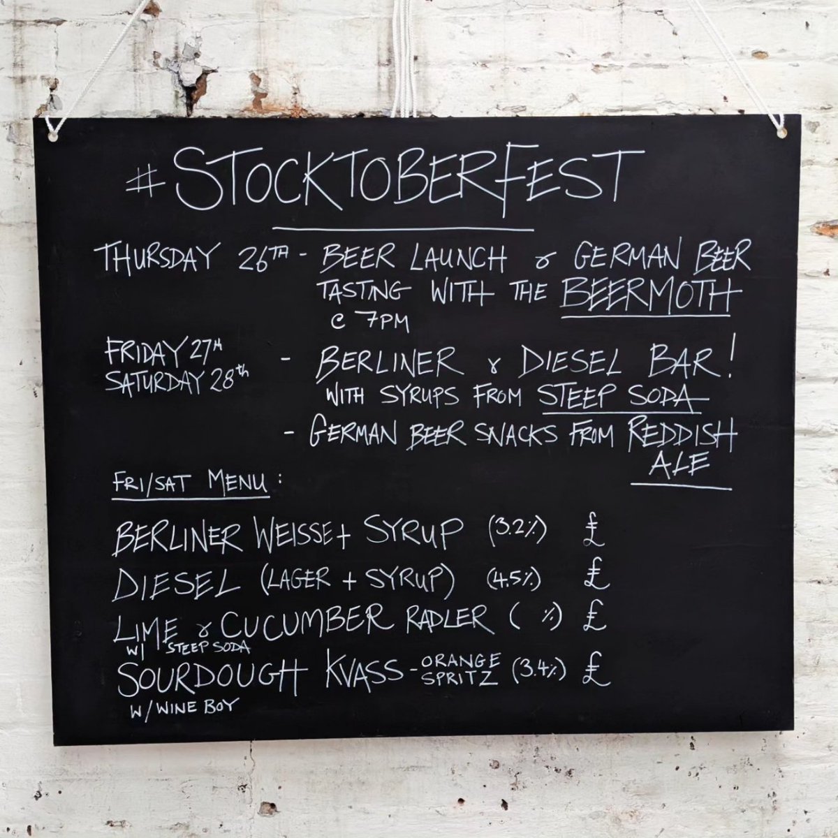The Runaway Brewery (@runawaybrewery) on Twitter photo It's our annual #stocktoberfest this weekend.
16 lines of German inspired beer!
Pretzels & beercheese + food from <a href="/Honest_Crust/">HCSourdoughPizza</a> & <a href="/reddishalesk5/">Reddish Ale</a>
Popup Berliner & Diesel bar from <a href="/SteepSodaCo/">Steep Soda Co.</a>
Open Thursday - Saturday as usual.
Free entry - no ticket required. It's our annual #stocktoberfest this weekend.
16 lines of German inspired beer!
Pretzels & beercheese + food from <a href="/Honest_Crust/">HCSourdoughPizza</a> & <a href="/reddishalesk5/">Reddish Ale</a>
Popup Berliner & Diesel bar from <a href="/SteepSodaCo/">Steep Soda Co.</a>
Open Thursday - Saturday as usual.
Free entry - no ticket required.