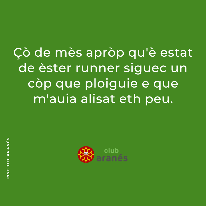Çò de mès apròp qu'è estat de èster runner siguec un còp que ploiguie e que m'auia alisat eth peu.
---
ca. El més a prop que he estat de ser runner fou un cop que plovia i que m'havia allisat els cabells.

#clubaranes #institutaranes #aranes