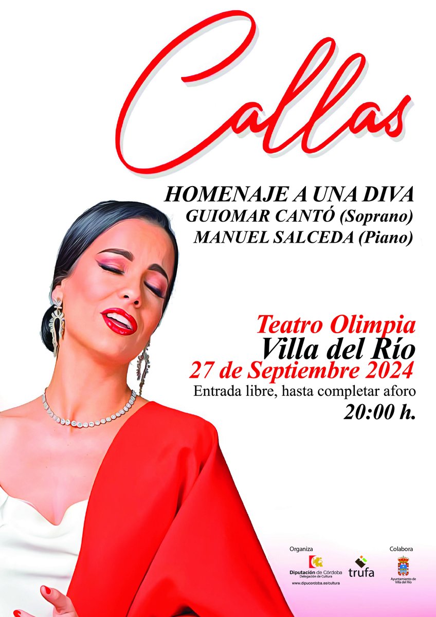 dipucorcultura's tweet photo. 🎤 El 27/09 en #VillaDelRío, disfruta de "Callas, homenaje a una Diva" en el Teatro Olimpia a las 20:00 h.

La soprano Guiomar Cantó y el pianista Manuel Salceda rendirán tributo a la gran María Callas 🎶

¡No faltes!

#CulturaVillaDelRío #HomenajeACallas #Opera https://t.co/ZCQzGrAgHp