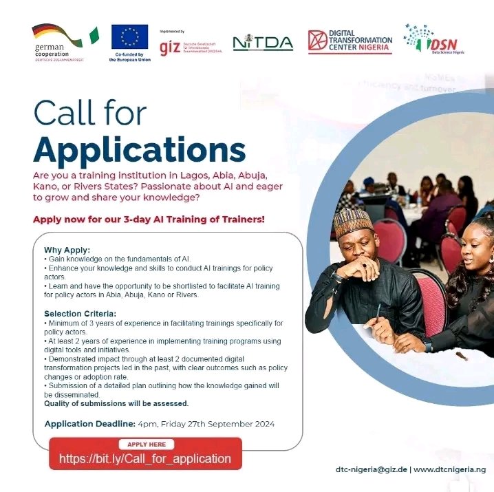 PeterPankyes's tweet photo. ℹ️ To whom it may concern.

The Digital Transformation Center, Nigeria invites training institutions to apply for the Artificial Intelligence (AI) training for Policy Actors.
 https://t.co/PuNvIXkFtj https://t.co/X4Rg7JcNnd