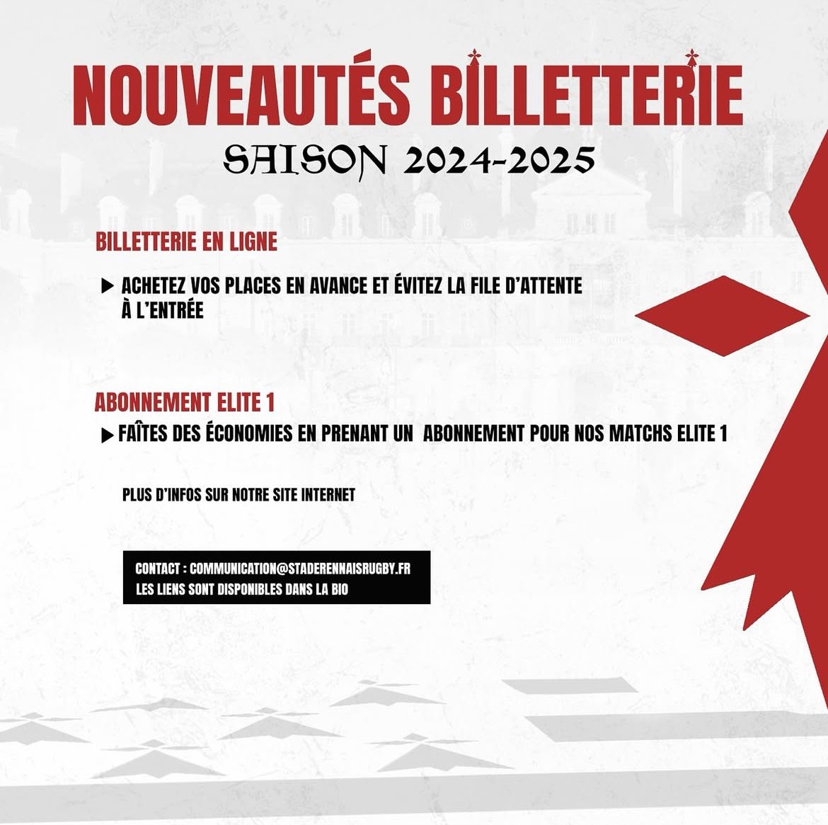 SRRugbyFeminin's tweet photo. Nouveautés Billetterie Saison
24/25 : Rejoignez la Tempête !⛈️

Vous pouvez des maintenant réserver vos places en ligne pour chaque match ou opter pour un abonnement annuel et 
ne rien manquer de la saison.

Rendez-vous sur notre site internet pour plus de détails. ❤️🖤 https://t.co/dAVLmKCJ6D