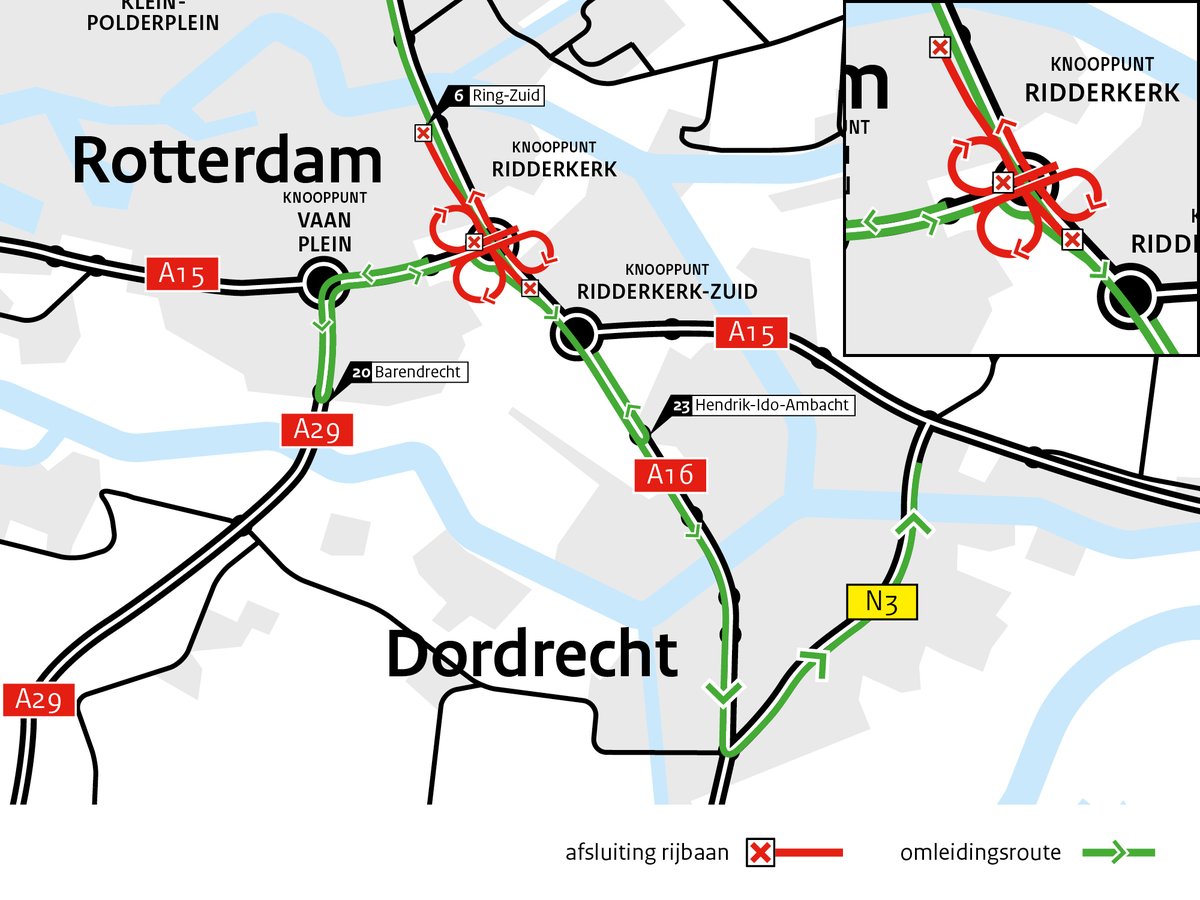 Van vrijdag 27 september 21.00 uur tot maandag 30 september 05.00 uur is de #A15 dicht richting #Dordrecht tussen Vaanplein en #Ridderkerk. 🚧 Ook tussen Brielle (12) en Welplaatweg (15) bij Rozenburg is de A15 in beide richtingen dicht. Meer informatie? 👇rijkswaterstaat.nl/nieuws/archief…