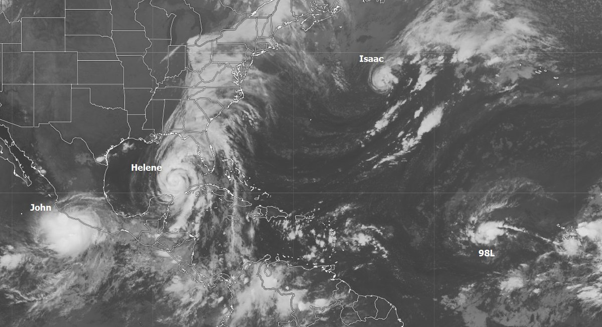 Recent view of Tropical Storm #John, close to regaining hurricane strength, Hurricane #Helene in the Gulf of Mexico, newly formed Tropical Storm #Isaac moving east in the central Atlantic and disturbance 98L with a high chance of soon becoming a tropical storm.