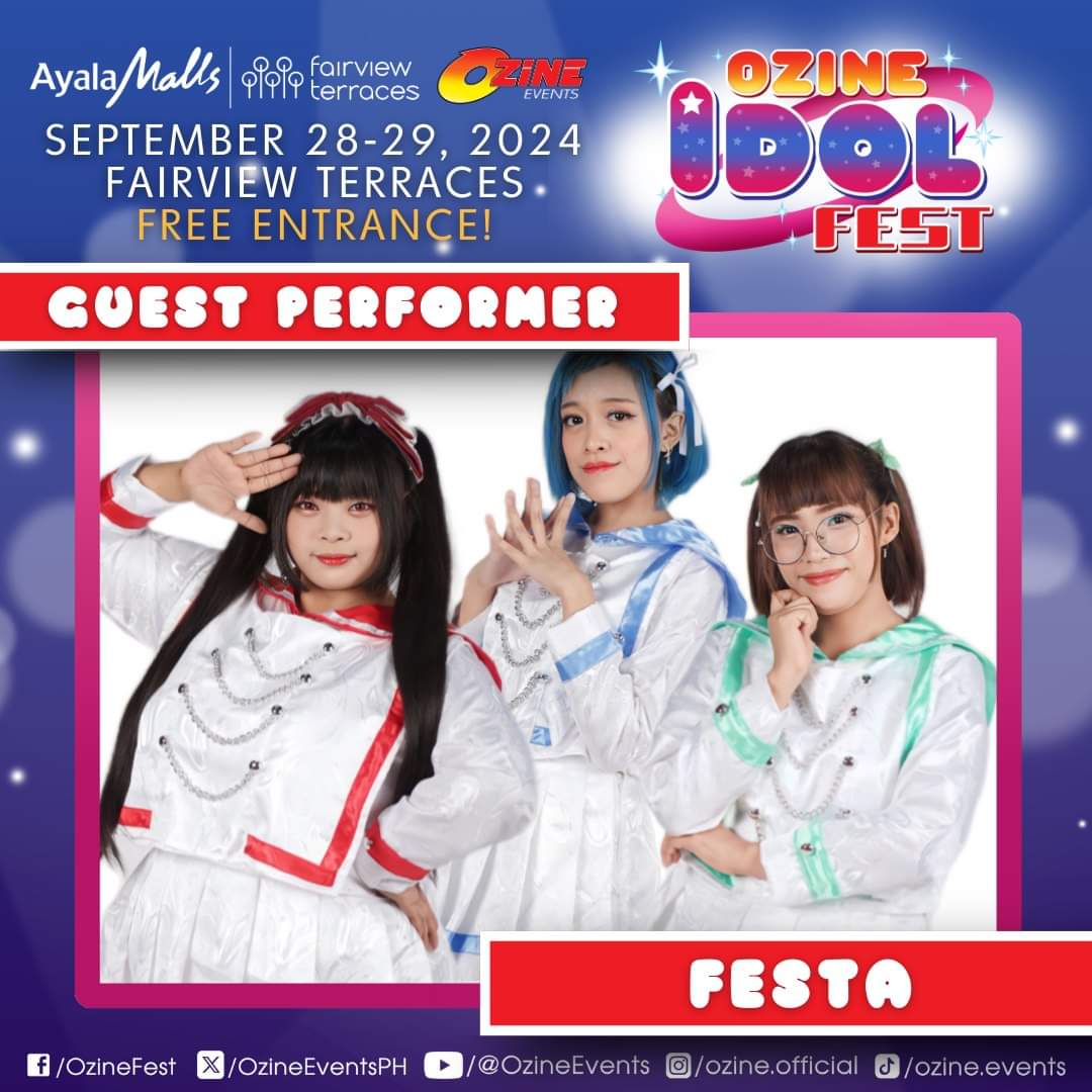FESTA is an independent girl group consisting of members: Kiku, Rachan, and Wendy, that aims to have their audience experience a performance as fun as festivals!

📅 September 28-29, 2024
📍 Fairview Terraces
🎟️ Free Entrance!