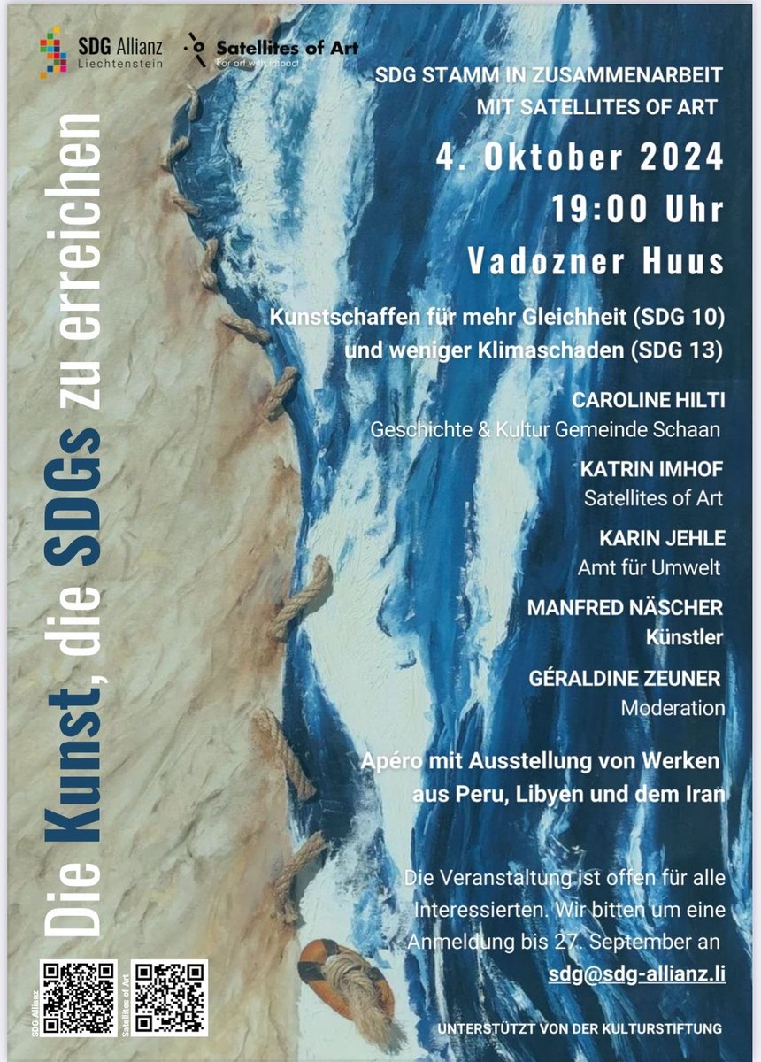 vmr_lie's tweet photo. #Kunst und nachhaltige Entwicklungsziele? Das ist das Thema des #SDG Stamms und Satellites of Art am 4.10. um 19.00 Uhr im Vadozner Huus. Schaut vorbei!
#SDGs  #SDG10 #SDG13 #Vaduz #Liechtenstein https://t.co/AHij1JiKsx