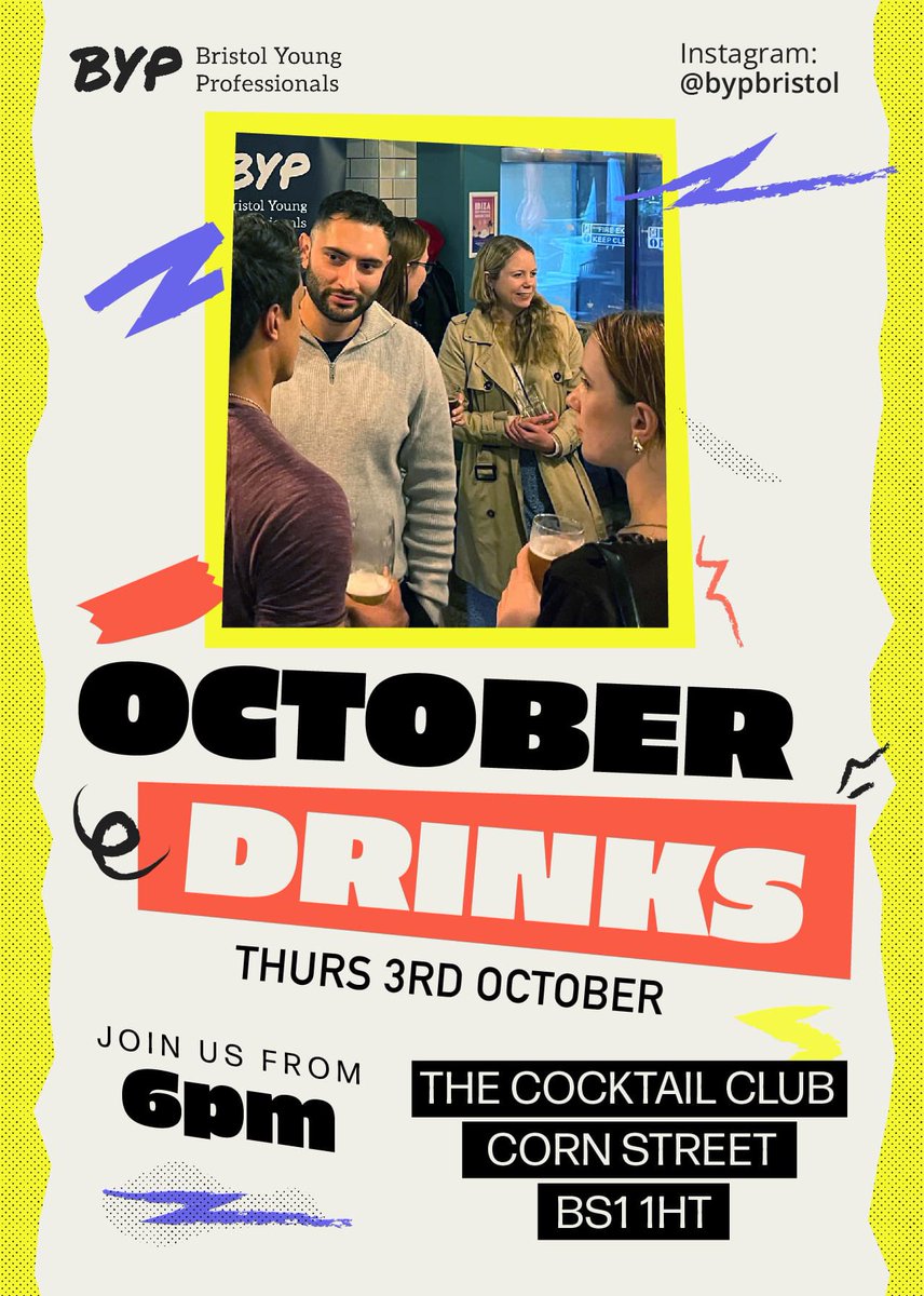 🤩 Looking to connect with young professionals in Bristol? 

🥂 Join us on October 3 from 6:00pm for our next networking drinks! 

📍 The Cocktail Club, Bristol Corn Street, BS1 1HT 

#bristol #bristolyoungprofessionals #whatsonbristol