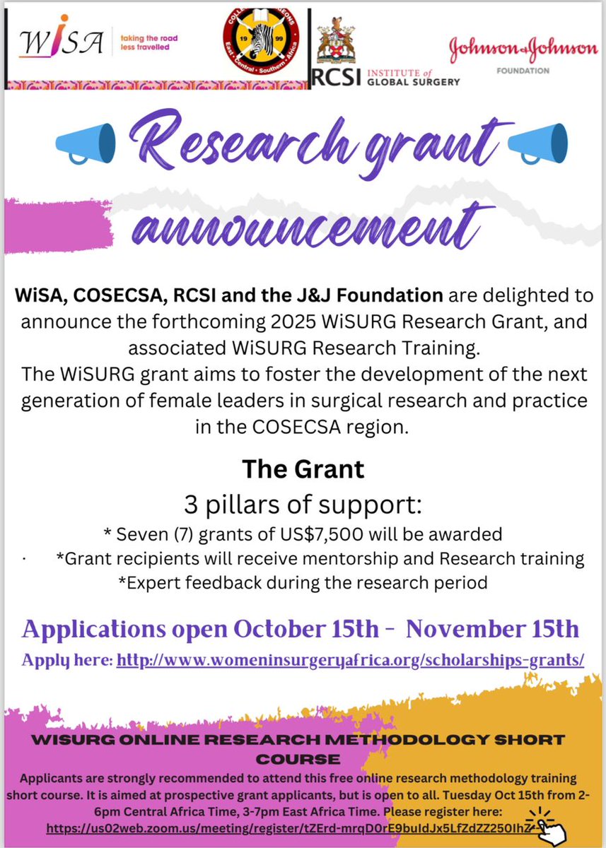 Research Grant Announcement! 

For more information visit the link: womeninsurgeryafrica.org/scholarships-g…