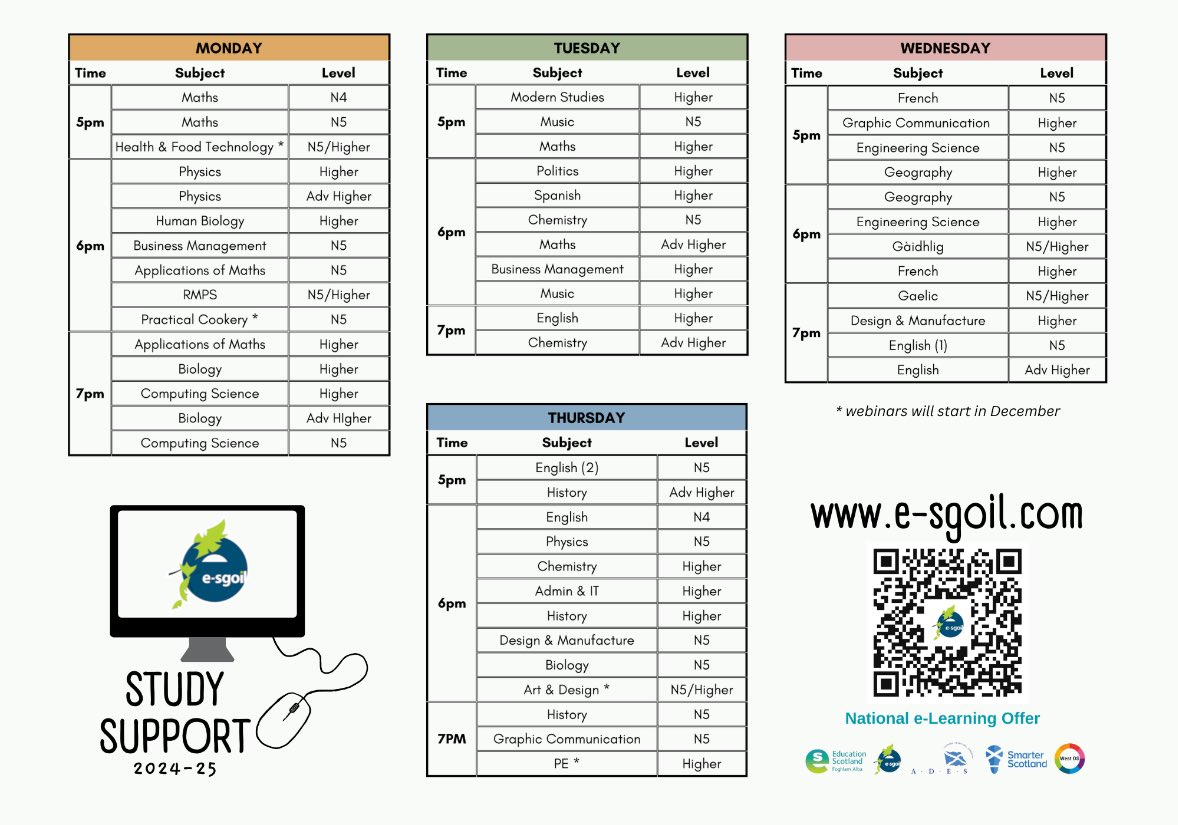 The <a href="/eSgoil/">e-Sgoil</a> online study support is free and available to all senior pupils! Check out the range of study sessions available each week 👇
Sign up here: e-sgoil.com/senior-phase/s…