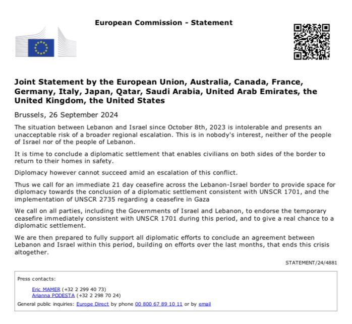 Joint Statement by the 🇪🇺European Union, 🇦🇺Australia, 🇨🇦Canada, 🇫🇷France, 🇩🇪Germany, 🇮🇹Italy, 🇯🇵Japan, 🇶🇦Qatar, 🇸🇦Saudi Arabia, 🇦🇪United Arab Emirates, the 🇬🇧United Kingdom, the 🇺🇸United States

🔗ec.europa.eu/commission/pre…