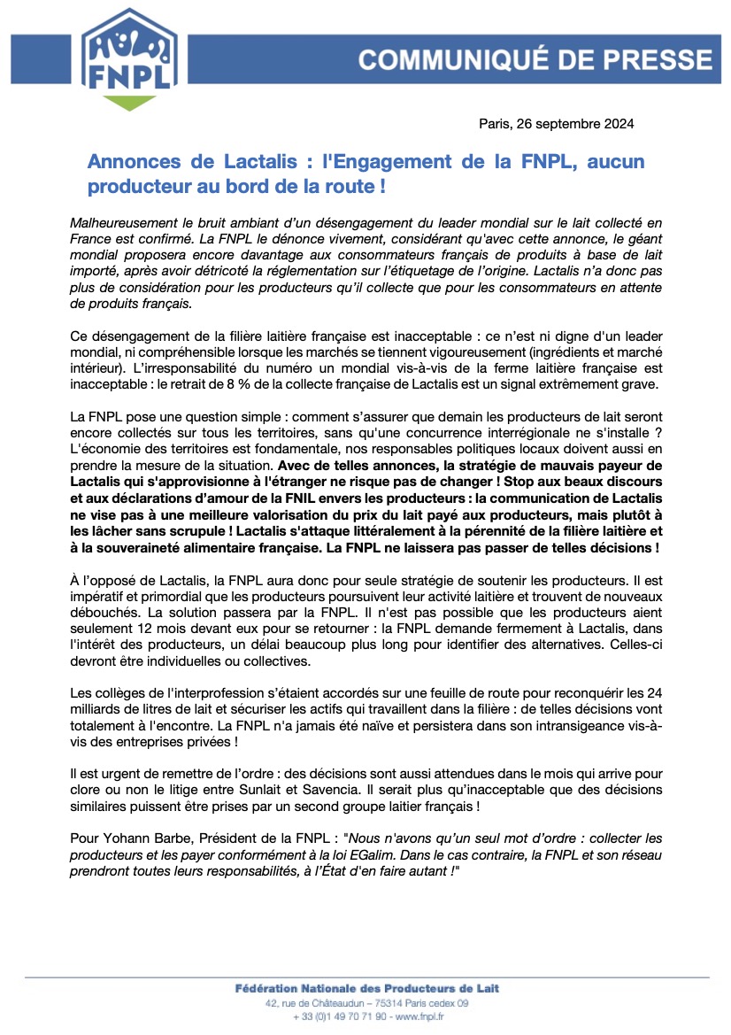 COMMUNIQUE DE PRESSE : Annonces de Lactalis : l'Engagement de la FNPL, aucun producteur au bord de la route !  fnpl.fr/2024/09/annonc…