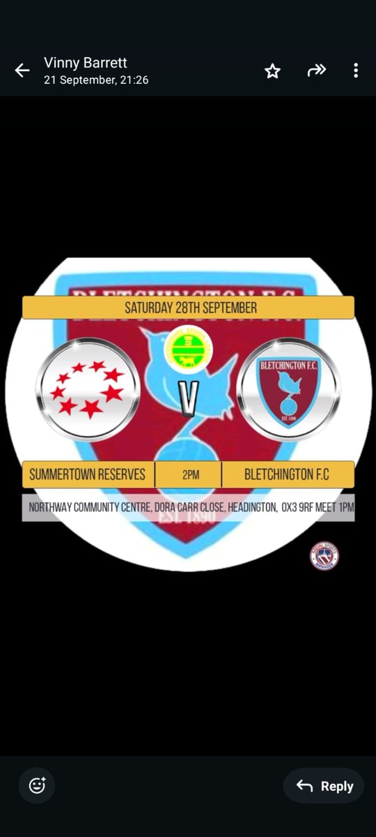 GAMEDAY❕🔥

Bletch F.C. play against Summertown Reserves this Saturday with an afternoon kickoff ⚽🔥

Pitch relocated to Cutteslowe park bottom pavillion, OX2 8NP