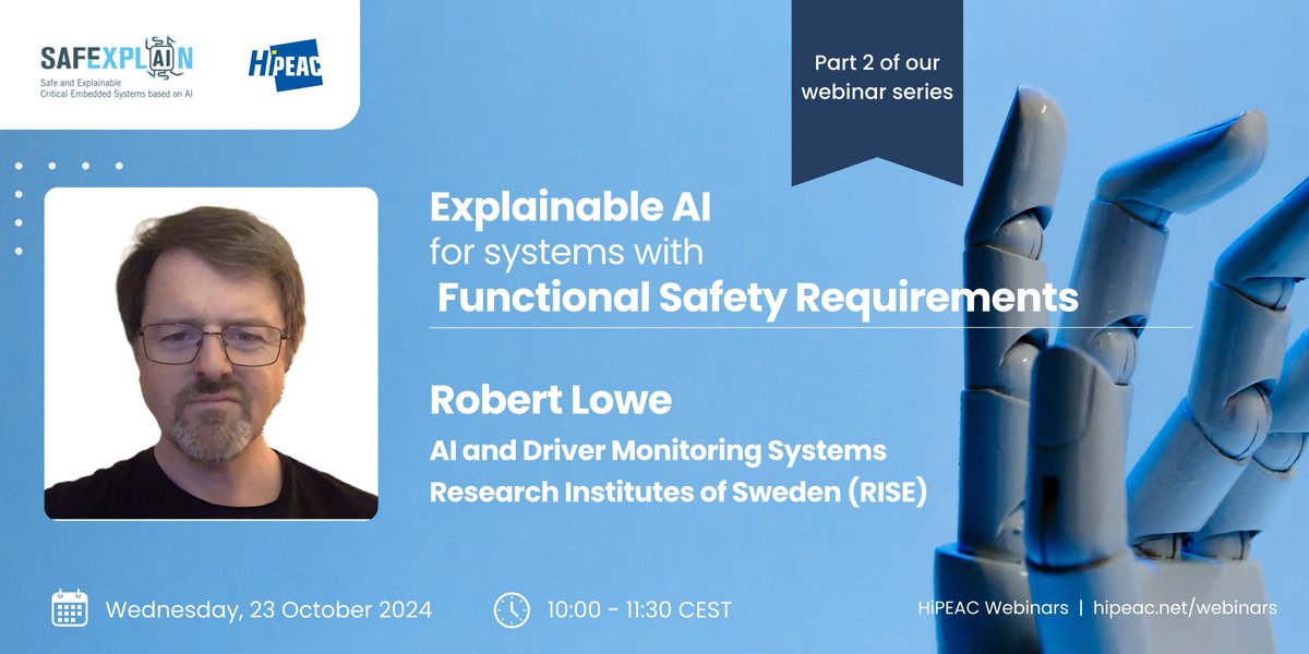 SafexplainAI's tweet image. 📣@RISEsweden will give the 2nd webinar in our series on #TrustworthyAI &amp;amp; #XAI

✅ Learn how we integrate XAI w/i the devpt &amp;amp; deployment of #safexplain #AI models to ensure compliance w/#functionalsafety 

Register 👉@hipeac hipeac.net/webinars/#/

📅 23 October @ 10h