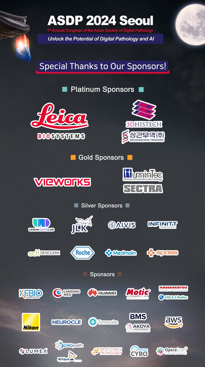 🙏 A heartfelt thank you to our amazing sponsors for making the First Congress of the Asian Society of Digital Pathology successful!

🔗 Visit asdp2024.org/html/?pmode=sp… for more details

#ASDP2024Seoul #ArtificialIntelligence #Seoul #ThankYou