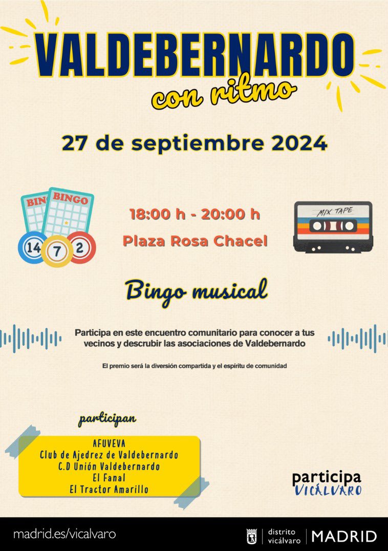 🎶🎉 ¡Disfruta de una tarde de música y diversión en Valdebernardo! 🎉
🗓️ Viernes #27S  18-20h, en la Plaza Rosa Chacel. #Valdebernardo
Juguemos al Bingo Musical y conoce a las asociaciones del barrio #bingomusical #Participación
#Valdebernardo #Vicalvaro
