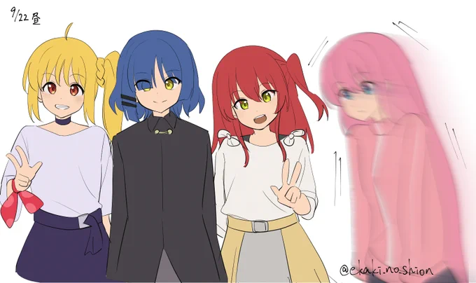 舞台ぼっち(うろ覚え)落書き③ 9月22日昼の回 アー写のシーン 辛うじて集合には間に合ったが、シャッターを切る瞬間には間に合わず、結局写らなかったぼっち #舞台ぼっち