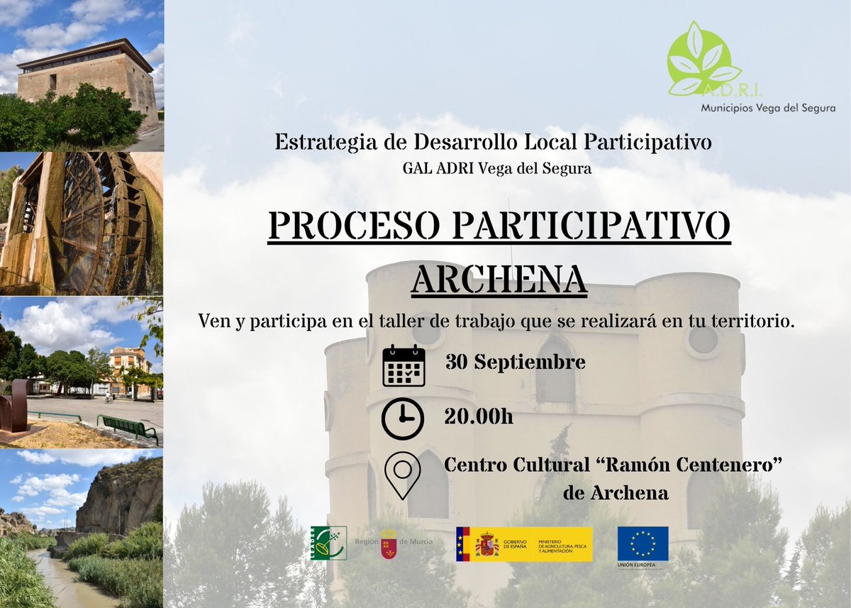 MunicipiosDel's tweet photo. Os invitamos a este taller que cuenta con la participación de la Presidenta de ADRI Vega del Segura y Alcaldesa de Ayuntamiento de Archena, Dña. Patricia Fernández y la Consejera de Agua, Agricultura, Ganadería y Pesca, Dña. Ana Sara Rubira. https://t.co/nDGZ9c7IRY
