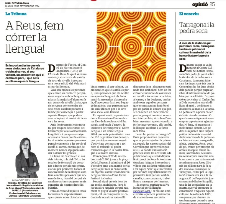 Avui, al <a href="/diaridtarragona/">Diari de Tarragona</a>, Anna Saperas,  directora del <a href="/CNLReus/">CNL Àrea de Reus</a>, parla dels cursos del Consorci  per a la Normalització Lingüística, del Voluntariat per la llengua i del @correllengua24 de Reus.
breu.cpnl.cat/n6b
