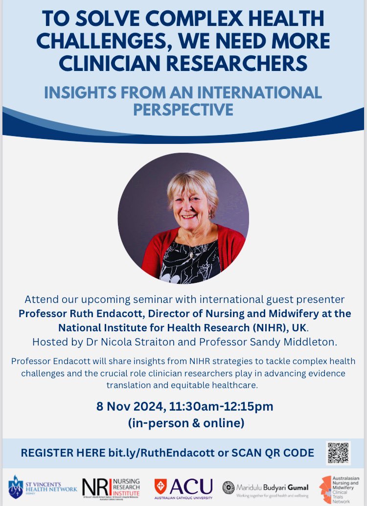 NicStraiton's tweet image. “To solve complex health challenges, we need more clinicians researchers: an international perspective”. Join us for this exclusive seminar delivered by Prof @ruthendacott Director of Nursing and Midwifery @NIHRresearch UK | 8 Nov 11:30am thesphere.com.au/events/solving… @NurseResearch