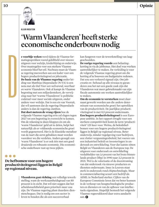 Belangrijk dat de voorstellen uit het Draghi rapport ook een Vlaamse doorvertaling krijgen. 

Genoeg sectoren in de Draghi-appendix van belang voor ons: clean tech, energie-intensieve industrie, techsector, farma, transport, ..

Dit moet deel zijn van de VL industrie agenda!