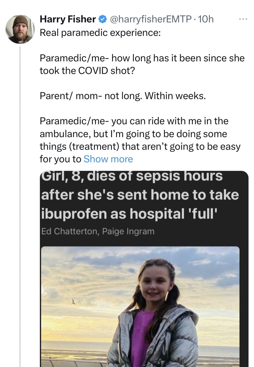 Delusional potato paramedic decided to use an article of a young girl who died of sepsis following a strep infection to fit into his narrative.

Vile cretin.