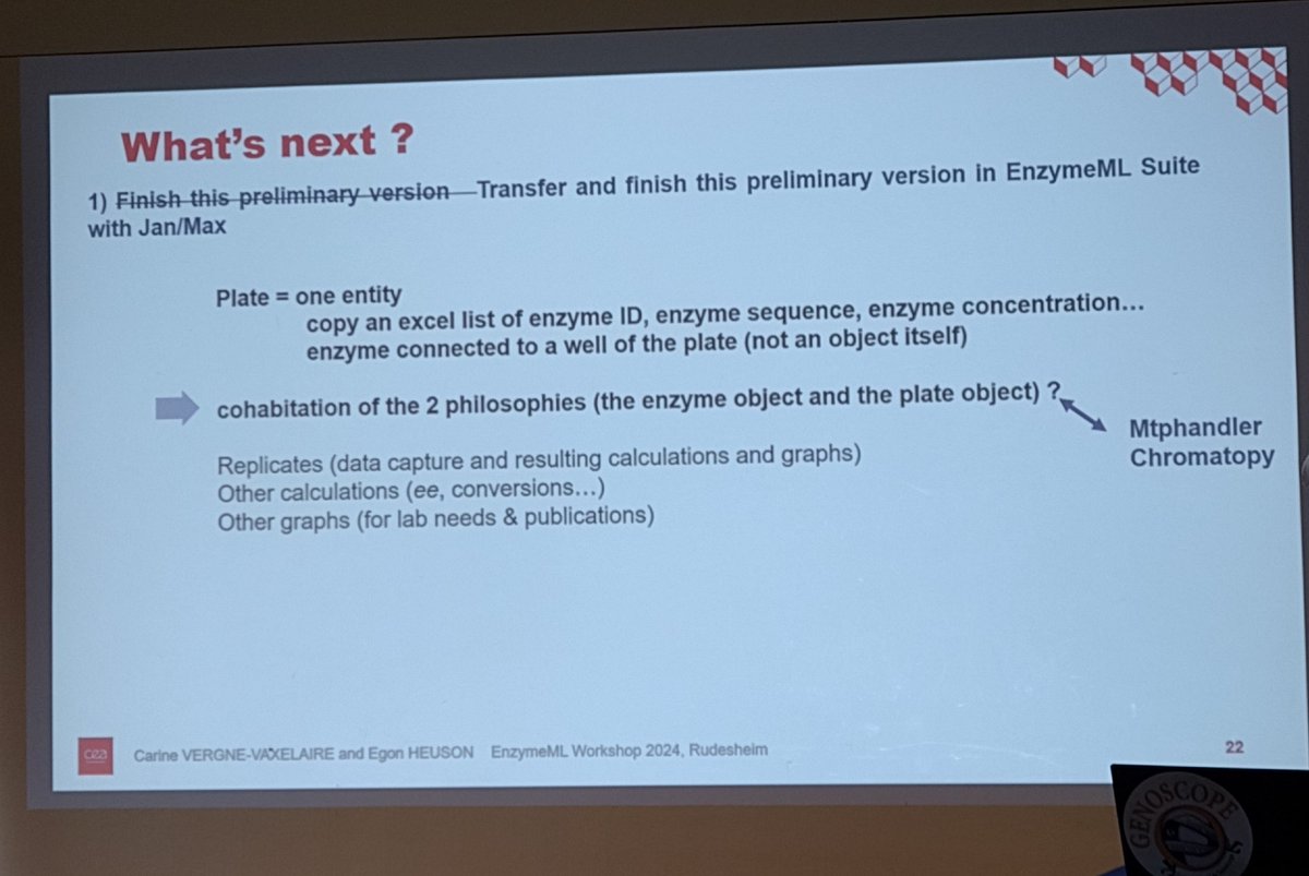 BeilsteinInst's tweet photo. Day #3 of #EnzymeML2024 opened by Carine Vergne-Vaxelaire from @GenoUMR_GM, Évry, demonstrates the applicability of #EnzymeML for HTS on enzyme activity. Next step is the integration of EnzymeML Suite into the workflow https://t.co/ojb8j9wb45