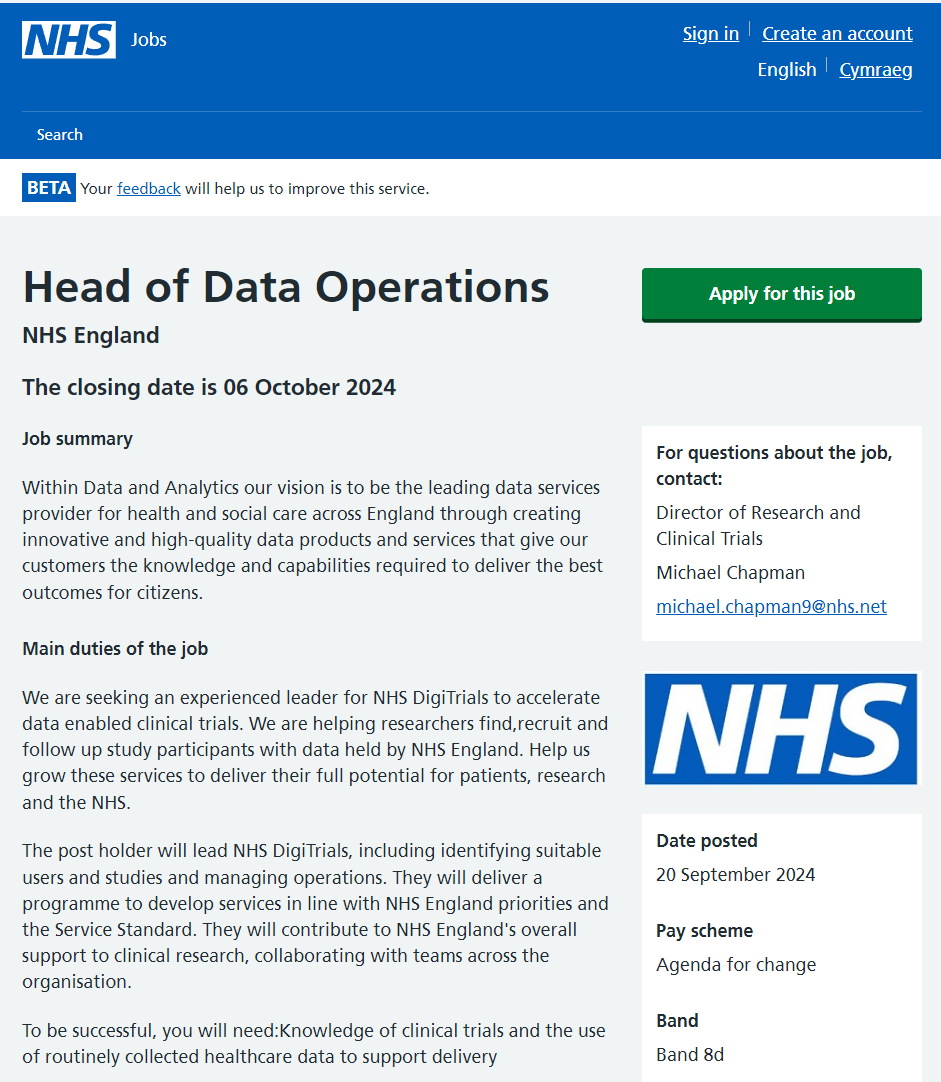 1/4
***JOB ALERT***
I'm sure many of my #clinicaltrials colleagues in #industry and #academia will be interested in this advert for the Head of Data Operations for #DigiTrials at <a href="/NHSEngland/">NHS England</a> .