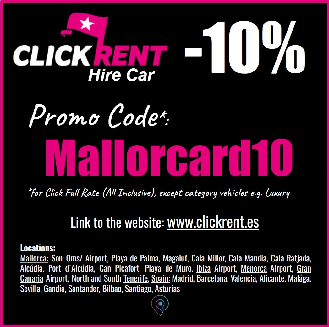 OwnMarket's tweet image. ClickRent Hire Car   -10% discount 
Promo Code: Mallorcard10
clickrent.es

Rent a Car Majorca - Mietwagen Mallorca - Alquiler de coches España código promocional descuento

#clickrent #spain #mallorca